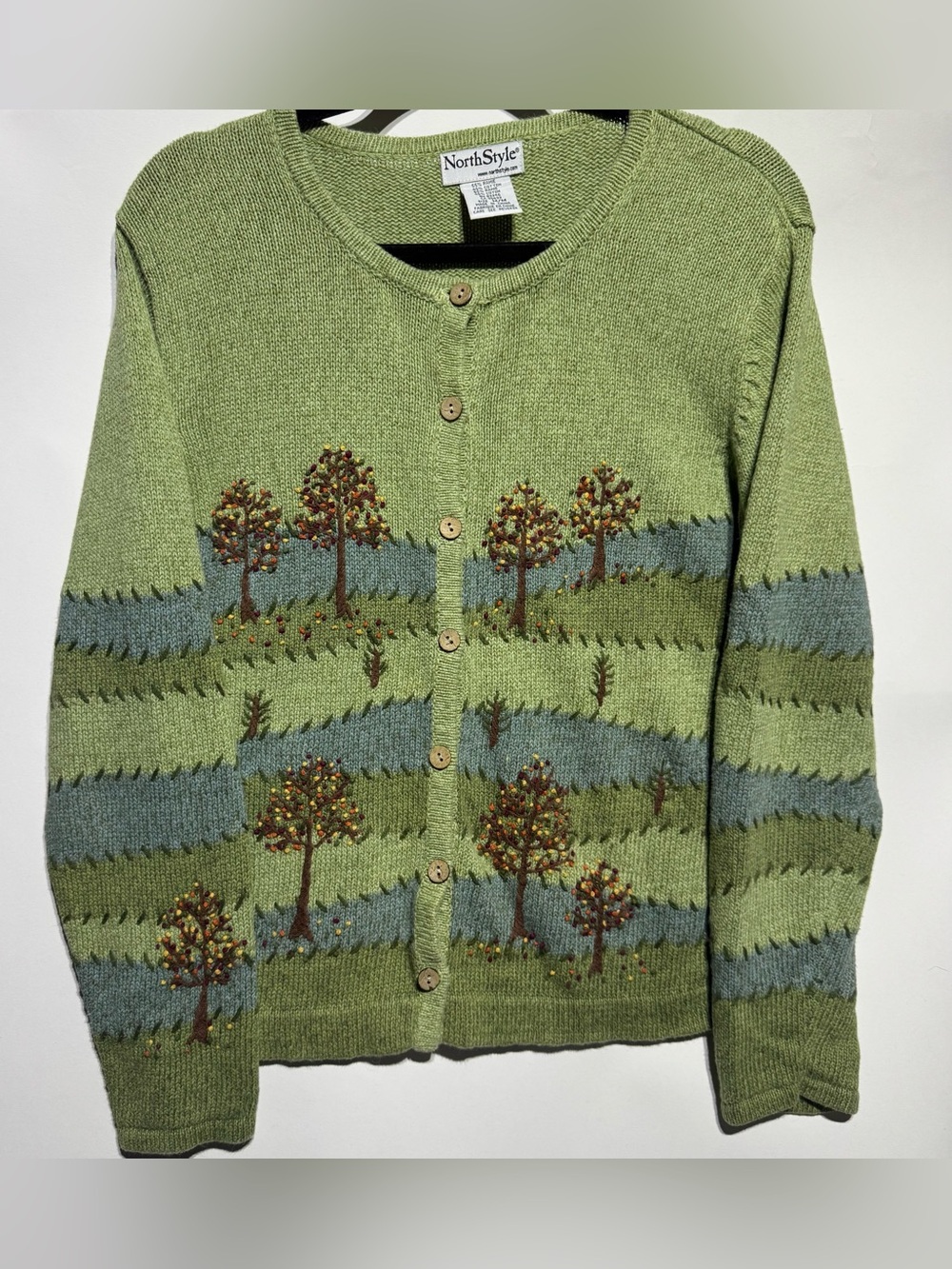 Northstyle Green Cardigan with Rolling Hills and Trees